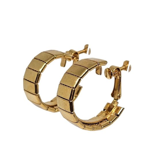 Vintage signed Napier Screw‎ Back Earrings Gold Tone Hoop Mid Century Modern - Picture 3 of 16